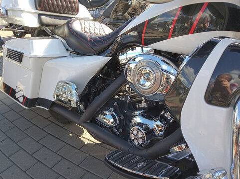 Grodno, Republic of Belarus. - September 09, 2018: A close-up of the Harley-Davidson CVO Street Glide engine.