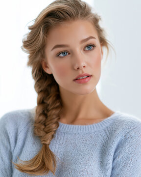 A woman with a side braid wearing a light blue sweater