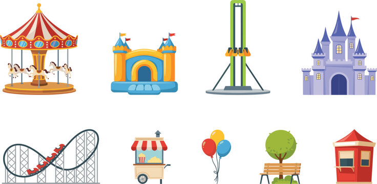 Amusement park and carnival ride element set with carousel roller coaster bouncy castle fairy palace drop tower popcorn cart and balloons