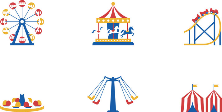 Amusement park rides icon set with ferris wheel carousel roller coaster swing ride bumper cars and carnival circus tents for vector graphic designs