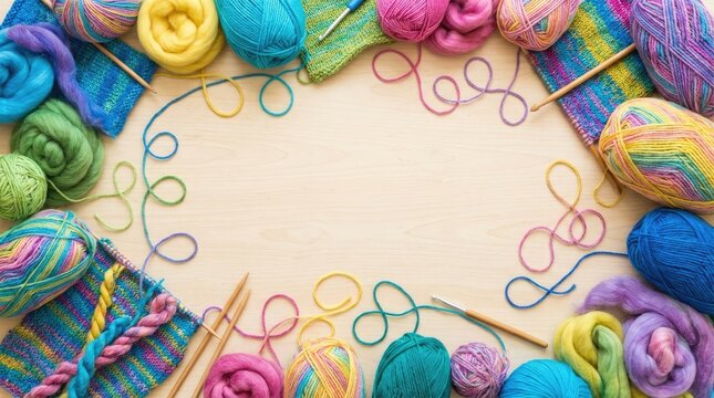 Colorful yarn balls and knitting needles frame a wooden surface. The yarn is arranged in a circular pattern with several knitted fabric pieces.