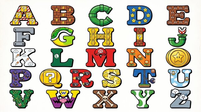 Retro video game alphabet set, colorful 8-bit gaming font collection, pixel art style letters for arcade party decor