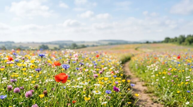 A vibrant wildflower meadow stretches across a rolling hillside under a bright blue sky dotted with fluffy white clouds.