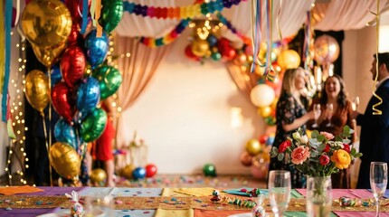 Fototapeta premium Several people celebrate a party in a brightly decorated room. A large table is covered with colorful confetti and streamers.