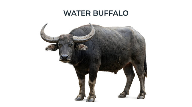A powerful water buffalo stands facing the viewer, showcasing its impressive horns and dark, muscular build. Text overlay identifies the subject as WATER BUFFALO