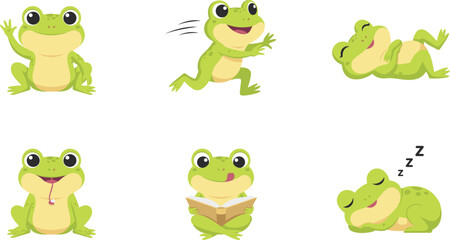 Fototapeta premium Cute cartoon frog character set showing different actions like waving, running, laughing, eating, reading, and sleeping for children books and stickers