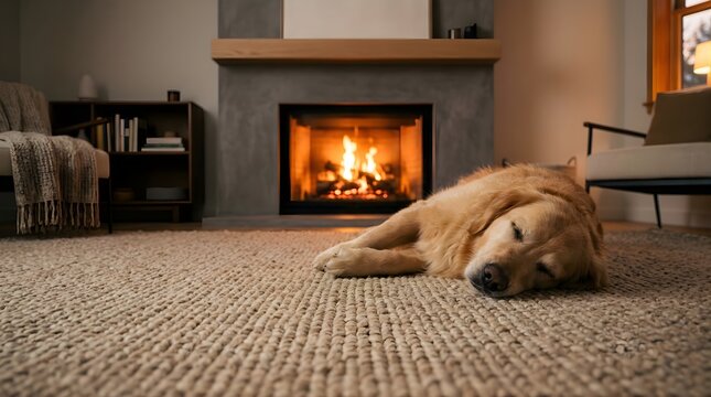 Golden retriever dog sleeping on a living room rug in front of a fireplace