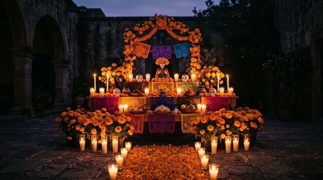 Traditional grand Day of the Dead Dia de los Muertos altar ofrenda decorated with marigold flowers, candles, and papel picado at night