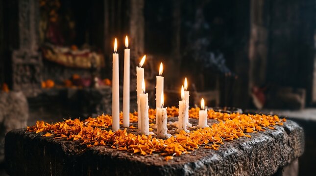Group of glowing white candles surrounded by marigold flower petals on an ancient stone altar for Dia de los Muertos Day of the Dead remembrance
