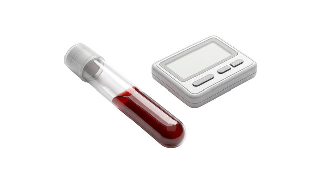 Medical blood glucose monitor and test tube. Digital glucometer with blood sample vial. Diabetes testing equipment for healthcare. isolated PNG with Transparent Background