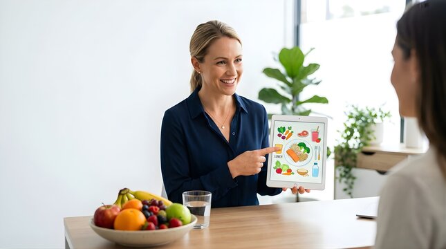 Nutritionist showing healthy lunch plan on digital tablet to client