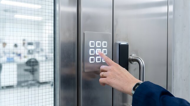 Person accessing a secure laboratory door using a numeric keypad lock