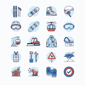 Winter sports and ski resort icons collection set
