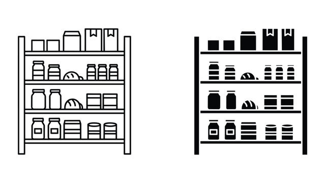 Shelving unit with food products, grocery store shelves with jars, cans, and boxes, flat vector icon set