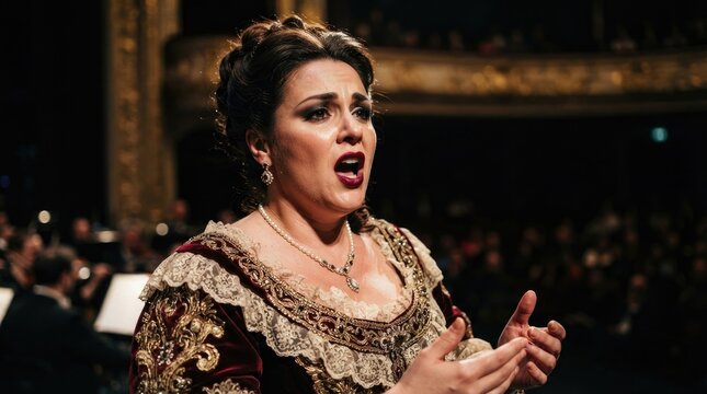 A mezzo-soprano opera singer passionately performs on stage. She is wearing a richly decorated, velvet gown with gold embroidery and a pearl necklace.