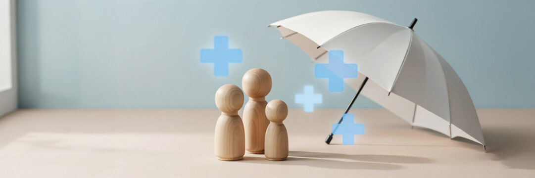 Wooden family figures standing safely under a white protective umbrella with umbrella protection insurance security healthcare children coverage