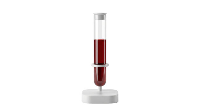 Medical test tube with blood sample, laboratory glass vial for clinical research, diagnostic blood test in scientific holder isolated PNG with Transparent Background