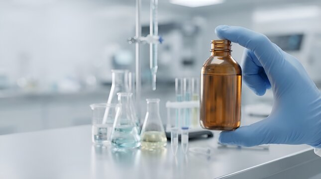Scientist in blue gloves holding an amber medicine bottle in a laboratory
