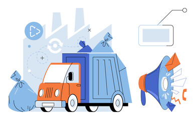 Fototapeta premium Garbage truck collecting waste and recycling materials vector illustration. Environmental protection, waste management, recycling services, pollution control, urban cleaning, public awareness. Trash