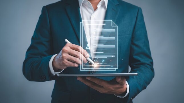 A professional businessman using modern digital technology to sign a virtual document on a tablet screen in the office
