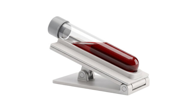 Medical blood sample in glass test tube, laboratory hematology vial on plastic stand, clinical diagnostic research equipment isolated PNG with Transparent Background
