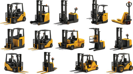 Collection of yellow forklift trucks and pallet jacks industrial logistics equipment isolated on white background for commercial use © Naveed