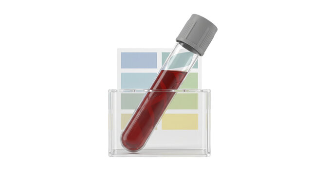 Medical blood sample in glass test tube, clinical laboratory diagnostic equipment, healthcare screening and hematology analysis isolated PNG with Transparent Background