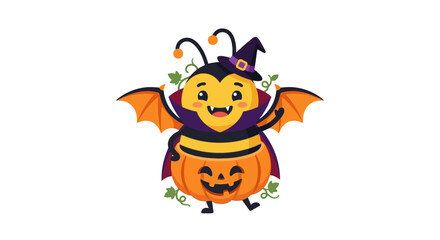 Fototapeta premium Cute Halloween Bee Character with Pumpkin and Witch Hat
