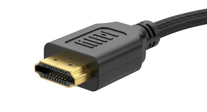 Black HDMI cable connector for digital video and audio isolated on transparent background