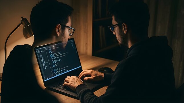 Software developer writing code on laptop in dark room at home at night