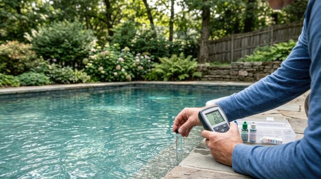 A man is testing the water chemistry in a swimming pool. He holds a digital thermometer and a pH testing kit, dipping the probes into the pool water.