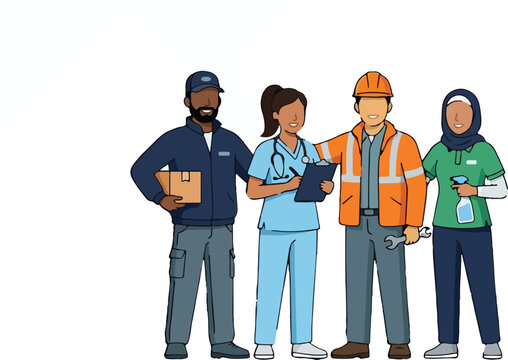 Labor Day Diverse Frontline Workers Group, Essential Personnel Illustration, Modern Teammates Vector Art, Service Industry Characters Concept Illustration isolated on White Background vector eps