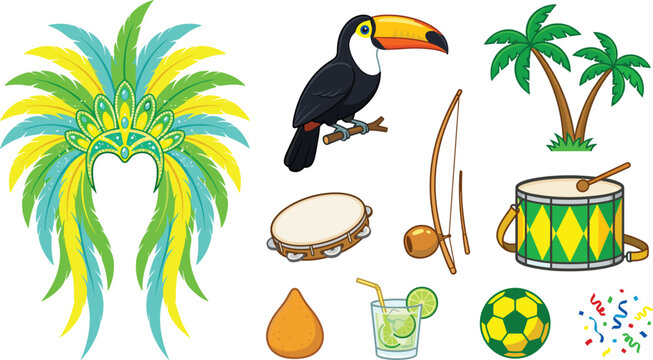 Brazil Carnival Culture Vector Set with Colorful Feather Headdress Toucan Bird Palm Trees Drums Soccer Ball Berimbau and Caipirinha Drink