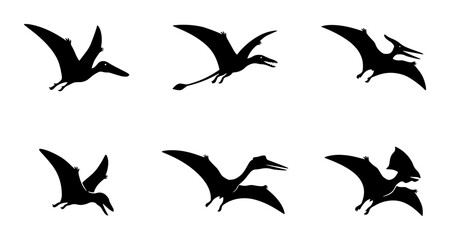 Pterodactyl Silhouettes, Flying Dinosaur Icons, Prehistoric Reptile Vector Set, Ancient Creature Graphics © Fahim