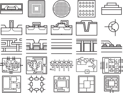 A collection of intricate diagrams and schematics illustrating various semiconductor components and integrated circuit designs, showcasing the building blocks of modern electronics.