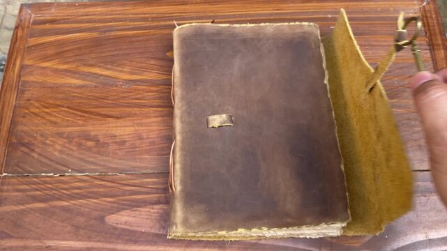 Unique Real Footage of a Vintage Leather Journal with Natural Textured Paper, Perfect for Historical Storytelling, Brand Heritage, Product Discovery, Company History, Flashbacks, and Cinematic Marketi