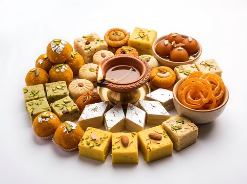 Assorted indian sweets with diya isolated on white background