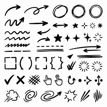 Hand Drawn Graphic Elements Vector Collection containing Arrows, Stars, Circles, Brackets, Checkmarks, and Abstract Doodles on White Background
