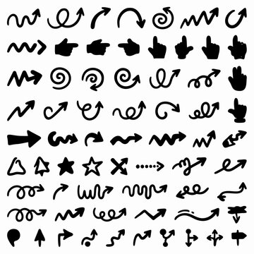 Hand-drawn black doodle arrows set featuring various curves, spirals, zigzags, and pointer icons for design