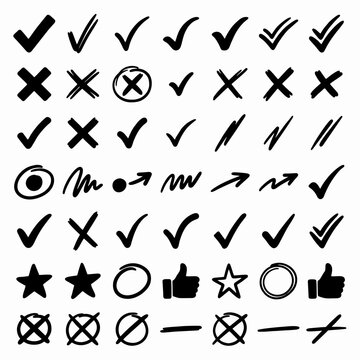 Set of hand drawn doodle arrows and cursor pointers for design elements, sketchy vector graphics collection on white background