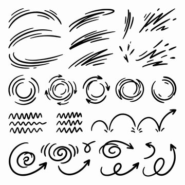Hand Drawn Scribble Elements Set Featuring Decorative Swirls Arrows and Abstract Motion Lines for Graphic Design