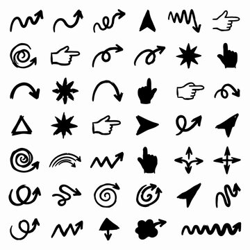 Hand drawn black arrows and pointing hand pointers set on white background