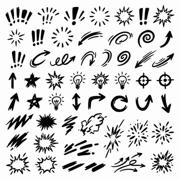 Hand drawn sparkle and star doodles set, black celestial twinkling shapes