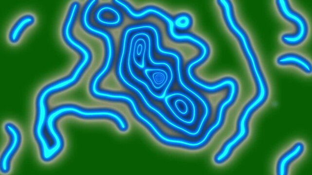 Abstract 2D blue glowing fluid topographic line motion graphics background for futuristic technology presentation backdrop, contour wave line loop animation with glowing trail effect, cartoon effect