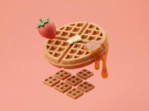 A delicious golden waffle with fresh strawberry butter and dripping maple syrup on a pink background.