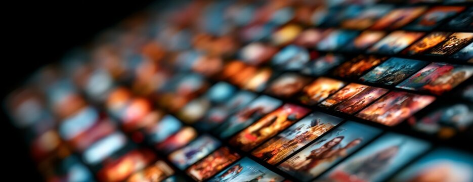 Digital media library with diverse images displayed on screens  