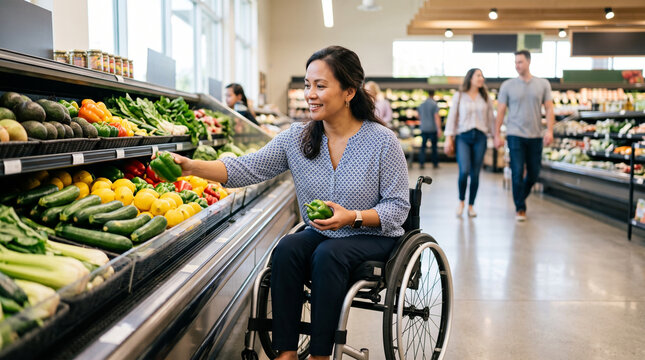 Smiling woman in wheelchair shopping for fresh vegetables at grocery store
