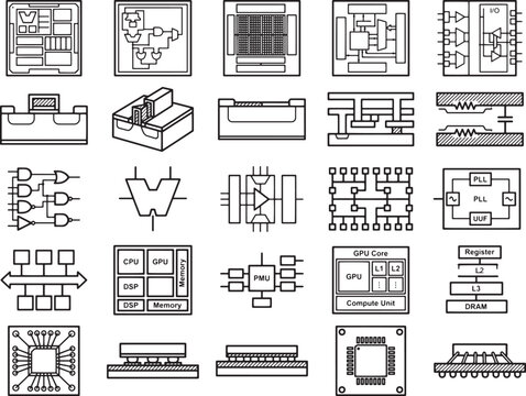 A collection of diverse electronic component diagrams, showcasing intricate circuitry and technological blueprints for advanced microprocessors and integrated circuits.