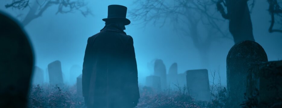 Undertaker at a cemetery in the fog, horror or Halloween concept  