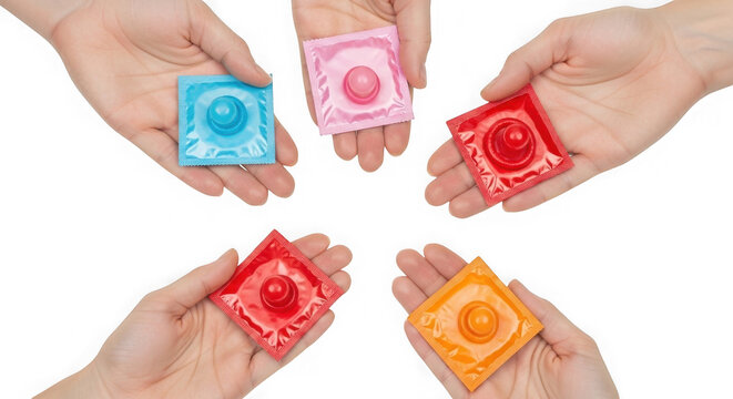 Hands holding colorful condom packets for safe sex isolated on transparent background